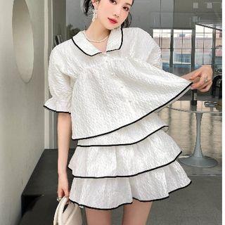 Short-sleeve Button-up Blouse / Tiered Mini Skirt