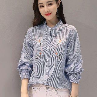 Long-sleeve Pinstripe Frilled Blouse
