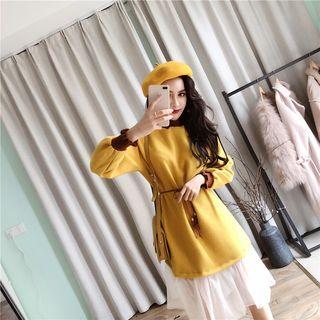 Mock Two-piece Long-sleeve Mesh Panel Midi Dress