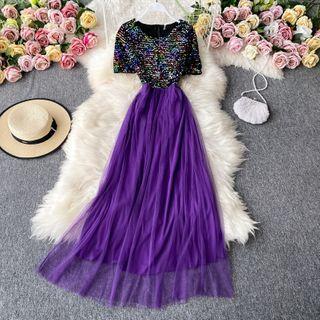 Round-neck Sequin Short-sleeve Dress