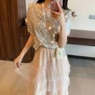 Short-sleeve Sequin T-shirt / Tiered Midi Mesh Skirt