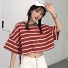 Elbow-sleeve Open Back Cropped Striped T-shirt