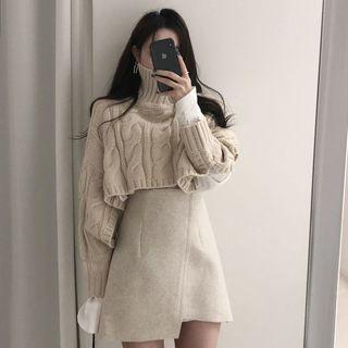 Turtle Neck Cable Knit Top / High-waist Asymmetric Plain Skirt