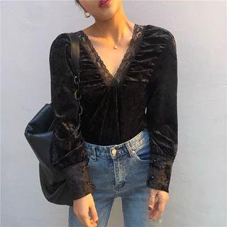 V-neck Lace Trim Blouse Black - One Size