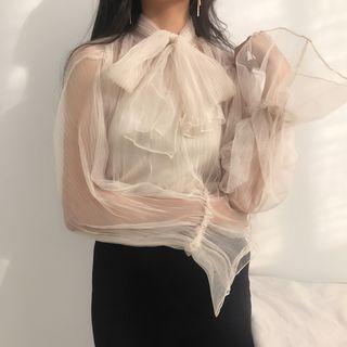 Set: Tie-neck Mesh Long-sleeve Top + Camisole Top