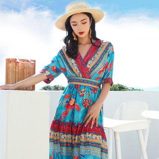 V-neck Elbow-sleeve Patterned Midi A-line Dress