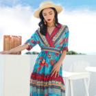 V-neck Elbow-sleeve Patterned Midi A-line Dress
