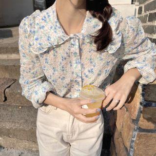Puff-sleeve Floral Collared Shirt