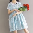 Short-sleeve Flower Print Collared A-line Dress