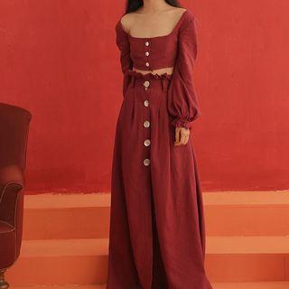 Set: Lantern-sleeve Button Top + Tie-waist Button Midi Skirt