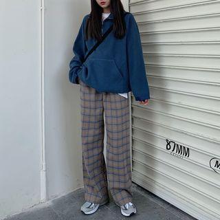 Half-zip Hoodie / Plaid Straight-fit Pants