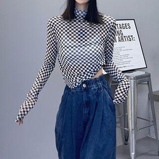 Long-sleeve Mock-neck Checkerboard Mesh Top Black & White - One Size