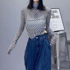 Long-sleeve Mock-neck Checkerboard Mesh Top Black & White - One Size