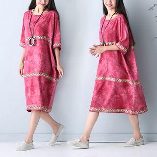 Elbow-sleeve Embroidered A-line Midi Dress