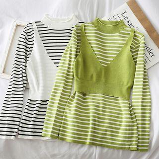 Set: Mock-neck Striped Knit Top + Crop Vest