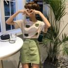 Short-sleeve Heart Applique T-shirt / Mini Sheath Skirt