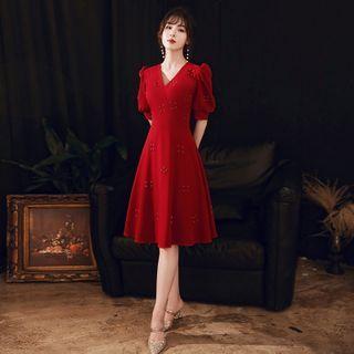 Balloon-sleeve Studded A-line Dress