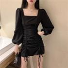 Lantern-sleeve Drawstring Plain Skinny Dress