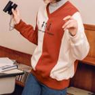 Printed Color-block V-neck Sweatshirt / Boot-cut Jeans