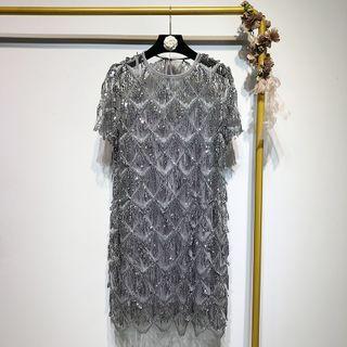 Sequined Panel Mesh Short-sleeve Mini Dress