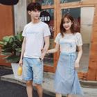 Couple Matching Set: Lace Short-sleeve Top + Printed Midi Skirt / Lettering Short-sleeve T-shirt