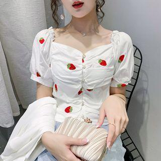 Puff-sleeve Strawberry Printed Ruffled Blouse