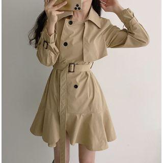 Ruffle Hem Double-breasted Long Trench Jacket