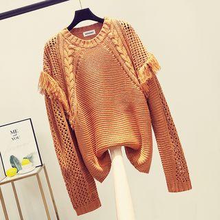 Perforated Tasseled Cable-knit Sweater As Shown In Figure - One Size