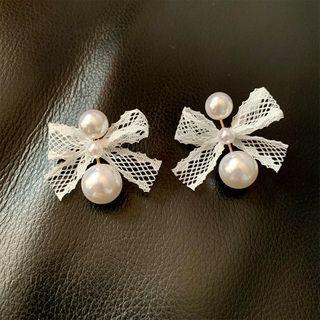 Lace Bow Faux Pearl Dangle Earring 1 Pair - White - One Size
