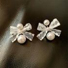 Lace Bow Faux Pearl Dangle Earring 1 Pair - White - One Size