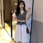 Crew-neck Short-sleeve A-line Dress / V-neck Tie Waist Vest