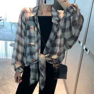 Plaid Long Shirt Plaid - Dark Gray & White - One Size