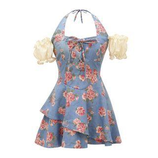 Halter Cold Shoulder Floral Mini Corset Dress