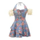 Halter Cold Shoulder Floral Mini Corset Dress