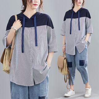Striped Panel Semi Sleeve Hooded Shirt