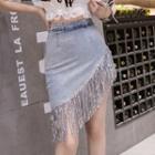 Sequined Fringed Hem Mini Denim Skirt