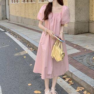 Short-sleeve Square Neck Midi A-line Dress Pink - One Size