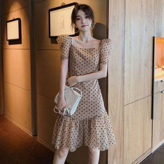 Puff-sleeve Dotted Ruffle Hem Midi A-line Dress