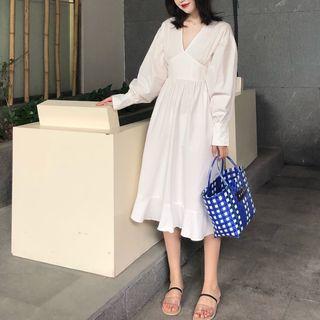 Long-sleeve A-line Midi Dress White - One Size