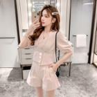 Set: V-neck Short-sleeve Blouse + Wide-leg Shorts