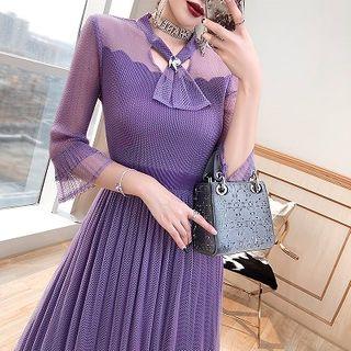 Elbow-sleeve Midi A-line Lace Dress Purple - One Size