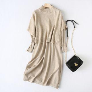 Set: Long-sleeve Midi Knit Dress + Short-sleeve Sweater
