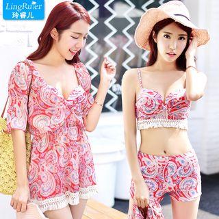 Set: Printed Elbow-sleeve Dress + Tasseled Bikini