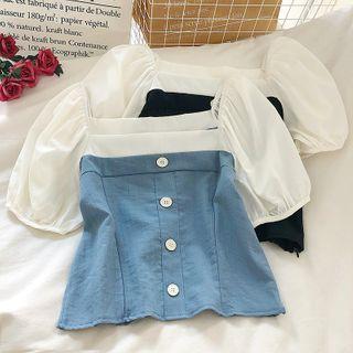 Square Neck Denim Panel Puff-sleeve Blouse