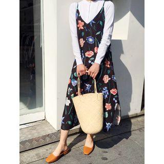 Linen-blend Spaghetti-strap Floral-pattern Maxi Dress