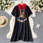 Color Block Lapel Embroidered Short-sleeve Dress