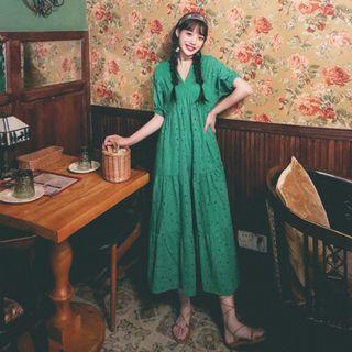 Puff-sleeve Patterned A-line Sundress