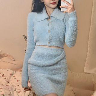 Long-sleeve Plain Cropped Knit Top / High-waist Skirt