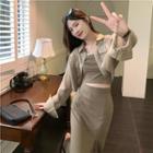 Long-sleeve Cropped Shirt Jacket / Set : Lettering Bandeau + High-waist Slit Maxi Skirt