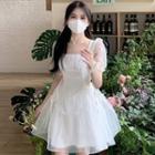 Puff-sleeve Square Neck Cutout-waist Ruffle Trim Mesh Mini A-line Dress